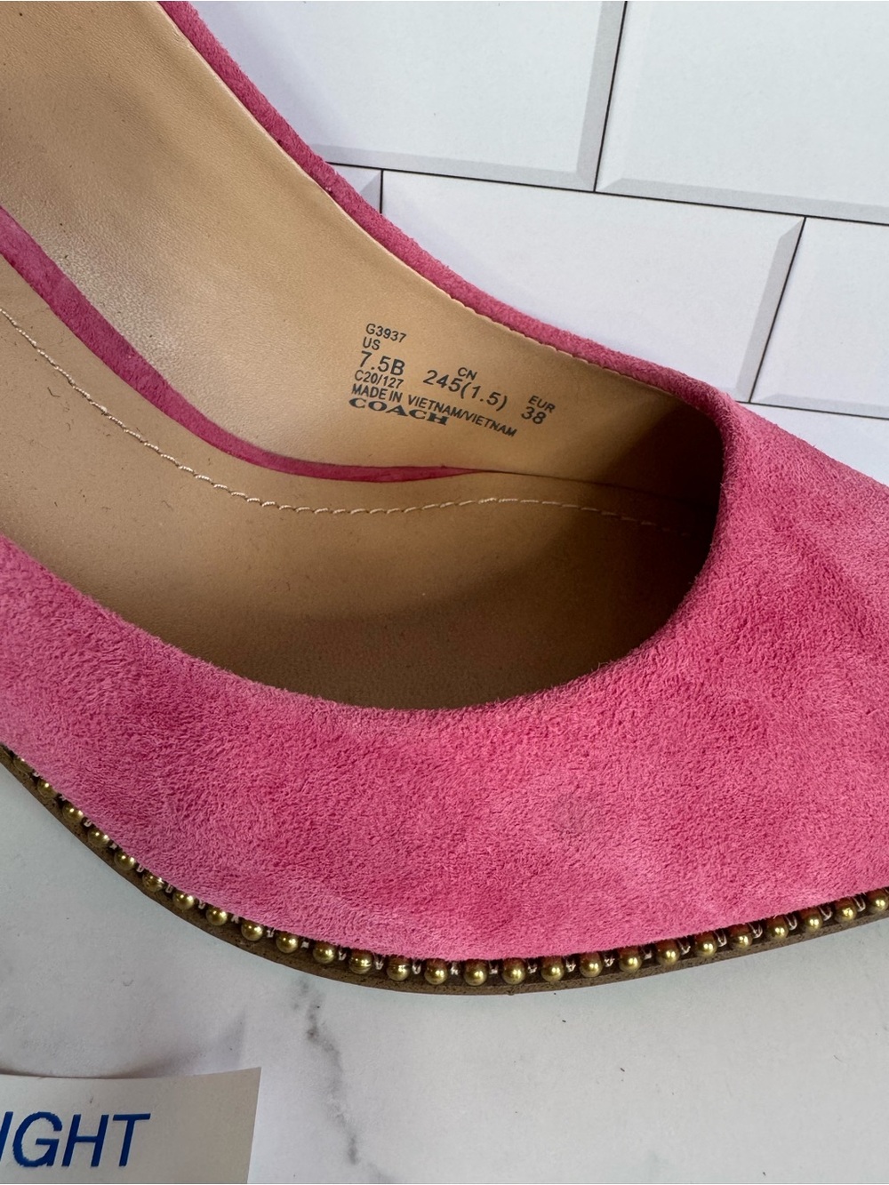 COACH Pink Suede Pointed Toe Pumps with Brass Studded Trim. - Picture 9 of 12